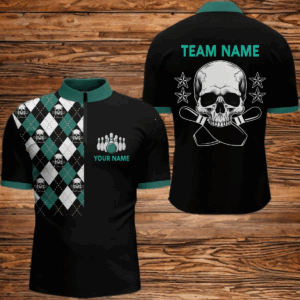 Skull Bowling Quarter Zip Shirt For Men Custom Black Bowling Jersey Team BDT84