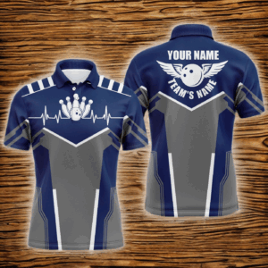 Bowling shirts for men custom name, team name Bowling Ball & Pins mens polo shirts | Navy Blue NQS4900