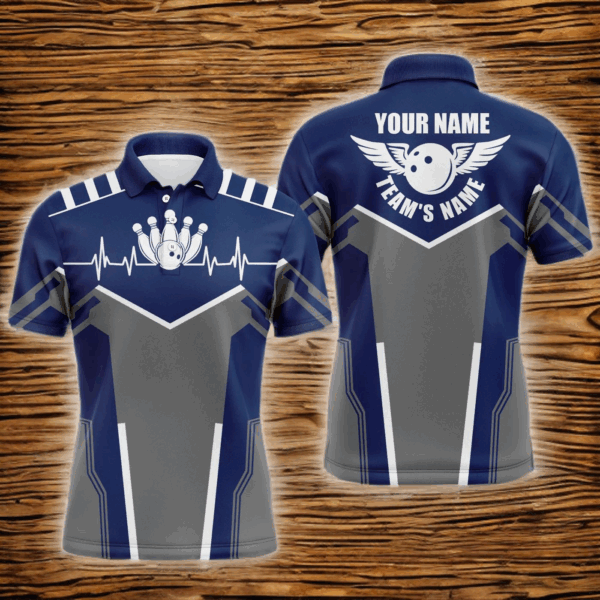 Bowling shirts for men custom name, team name Bowling Ball & Pins mens polo shirts | Navy Blue NQS4900