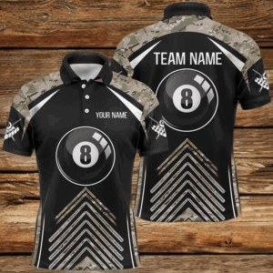 Personalized Camo Black Billiard 8 Ball Pool Polo Shirts For Men, Custom Name Billiards Jerseys VHM0290