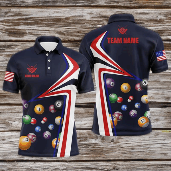 Personalized US Flag Billiard Balls Polo Shirts For Men, Custom 8 Ball Pool Jerseys VHM0152
