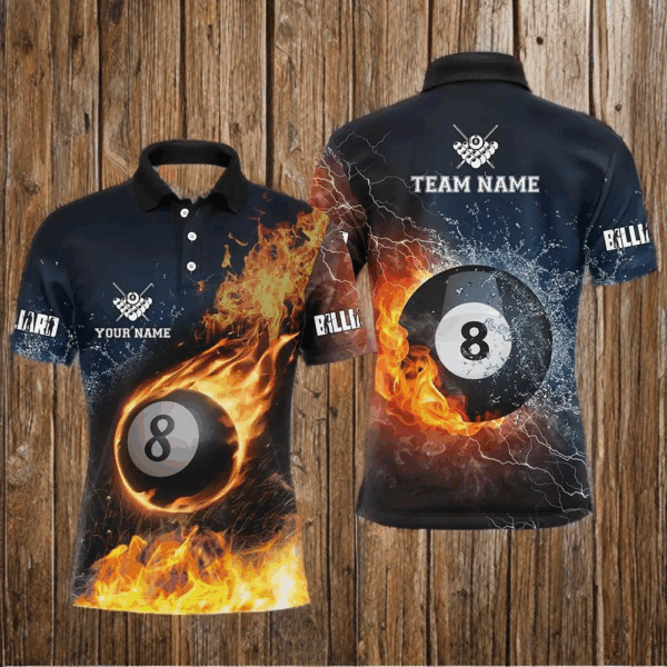 Personalized Billiard 8 Ball Fire And Water 3D Polo Shirts For Men, Custom Billiard Balls Jerseys VHM0253