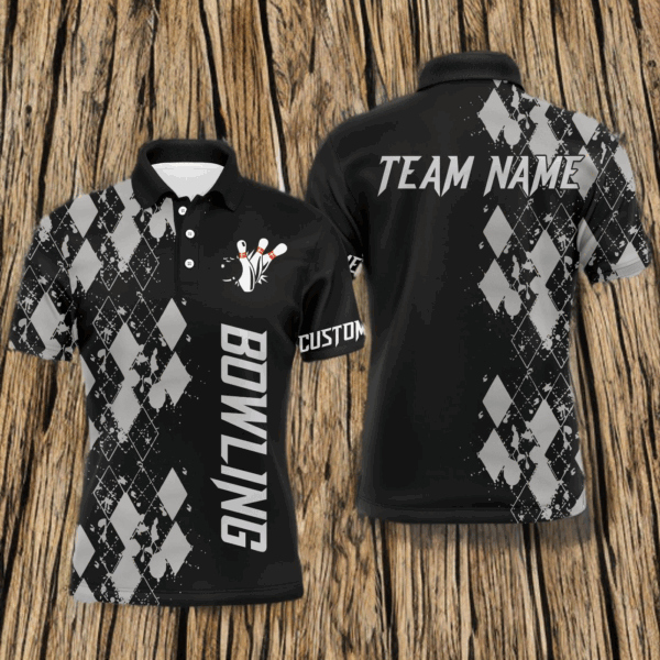 Personalized Men Polo Bowling Shirt, Custom Name Argyle Pattern Bowler Team Jersey NBP23
