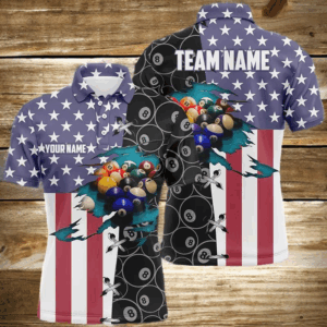 Personalized American Flag Billiard Polo Shirts For Men, Custom 8 Ball Pattern Pool Balls Jerseys VHM0184