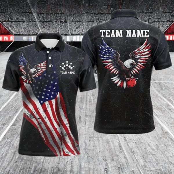 Personalized US Flag Bowling Shirt Eagle Bowling Jersey Polo Shirt Bowling for Men QZT274