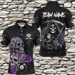 Personalized Purple Funny Skull Roses 8 Ball Billiard Shirts For Men Custom Pool Team Shirts Design TDM2756