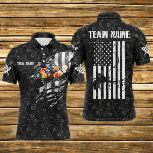 Personalized 8 Ball Pattern Billiard 3D Polo Shirts For Men, Custom US Flag Pool Player Jerseys VHM0161