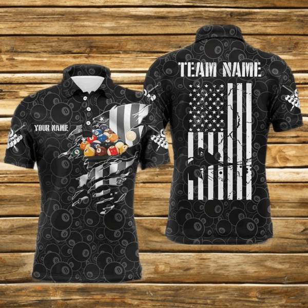 Personalized 8 Ball Pattern Billiard 3D Polo Shirts For Men, Custom US Flag Pool Player Jerseys VHM0161