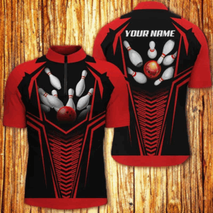 Men's bowling shirt Quarter Zip custom name red and black Bowling Ball and Pins bowling jerseys NQS4399