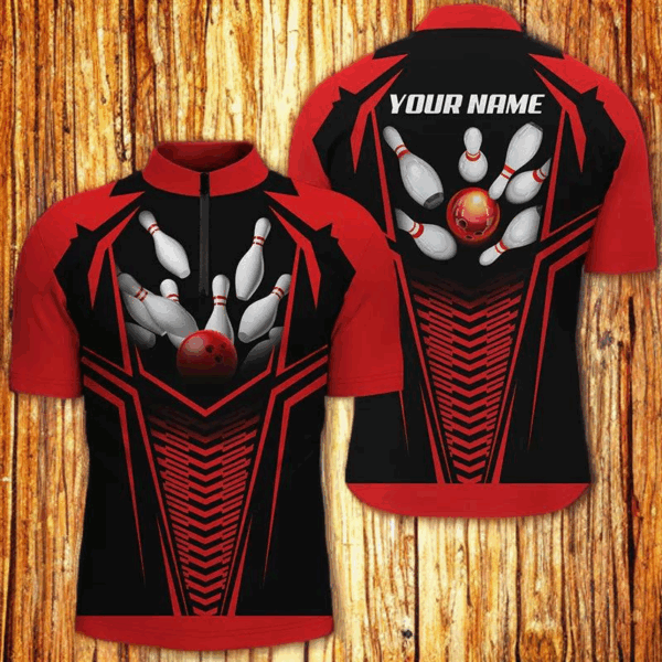 Men's bowling shirt Quarter Zip custom name red and black Bowling Ball and Pins bowling jerseys NQS4399