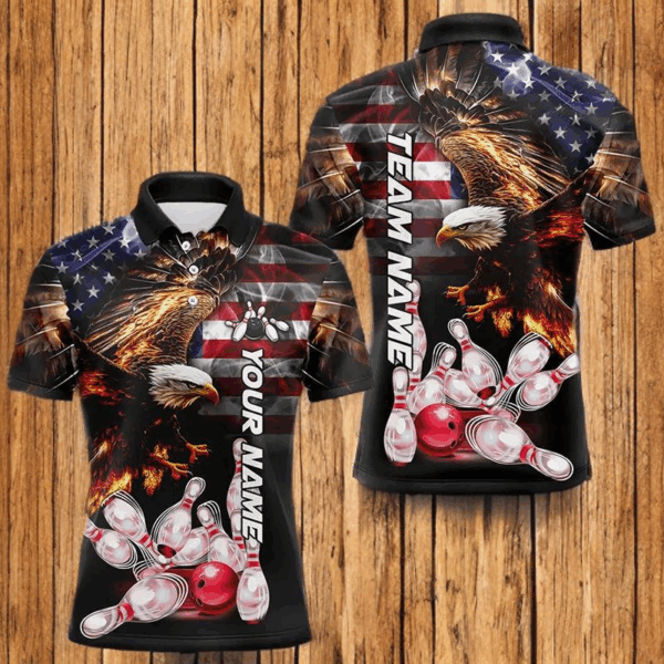 Smoke American Flag Eagle Flame Bowling Shirts for Men Custom patriotic Team Bowling jerseys NQS9504
