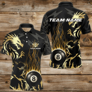 Black And Gold Flame 8 Ball Pool Shirt For Men Custom Dragon Billiards Team Jersey Polo & 1/4 Zip TDM4103