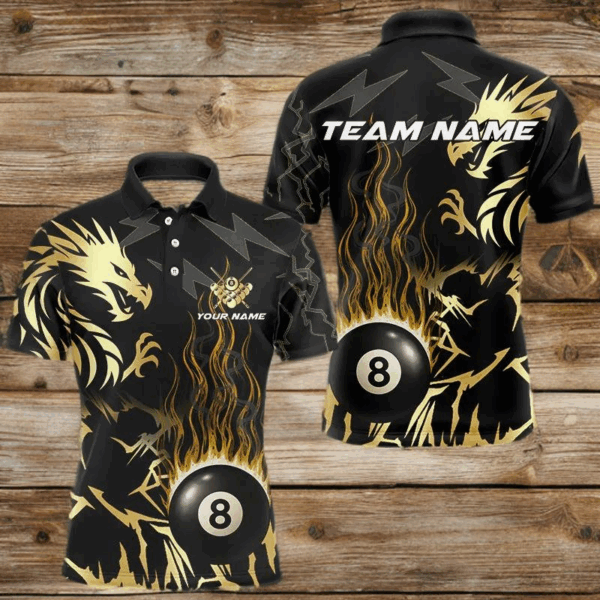 Black And Gold Flame 8 Ball Pool Shirt For Men Custom Dragon Billiards Team Jersey Polo & 1/4 Zip TDM4103