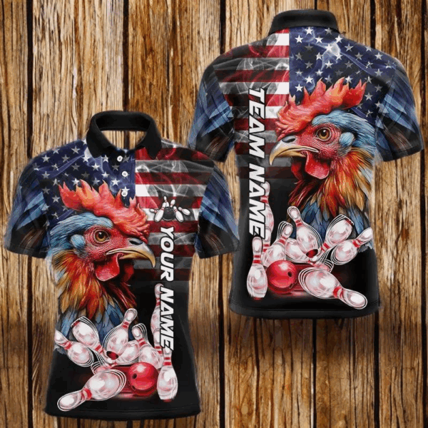 American Flag Rooster Bowling Polo, Quarter Zip Shirts for Men Custom patriotic Team Bowling jerseys NQS9296