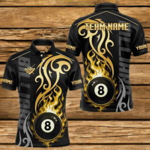 Black And Gold Tribal Flame 8 Ball Pool Billiards Shirts For Men Custom Pool Team Jerseys TDM4102