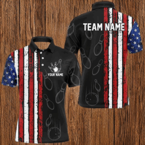 Black Camo American Flag Bowling Polo, 1/4 Zip shirts for Men custom Patriotic Team Bowling Jerseys NQS8760