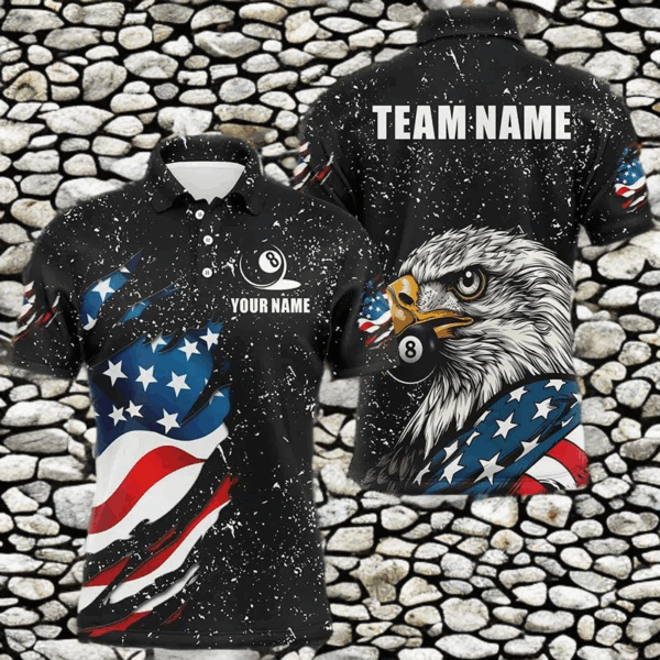 Black Grunge Eagle American Flag Custom Billiard Shirts For Men, Patriotic Billiard Team Shirts TDM2444