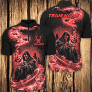 Black And Red Grim Reaper Custom Halloween Bowling Team Shirts For Men, Bowling Gifts IPHW7614