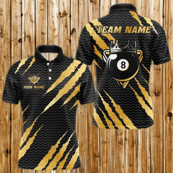 Black And Gold Scratch Billiard Shirts For Men Custom 8 Ball Crown Pool Team Jersey Polo & 1/4 Zip TDM4095