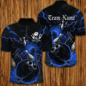 Black And Blue Thunder Lightning Custom Bowling Shirts For Men, Bowling Uniform For Bowling Team IPHW7262