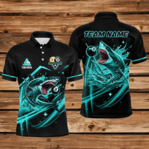 Turquoise 8 Ball & 9 Ball Pool Billiard Shark Polo & 1/4 Zip For Men Custom Team Billiard Jerseys TDM4089