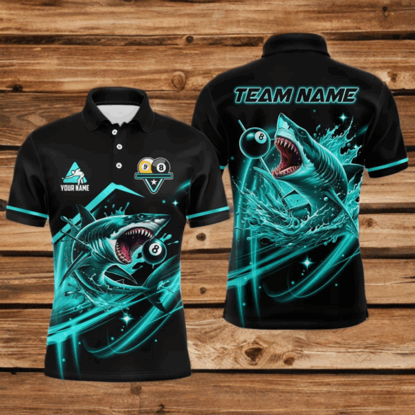 Turquoise 8 Ball & 9 Ball Pool Billiard Shark Polo & 1/4 Zip For Men Custom Team Billiard Jerseys TDM4089
