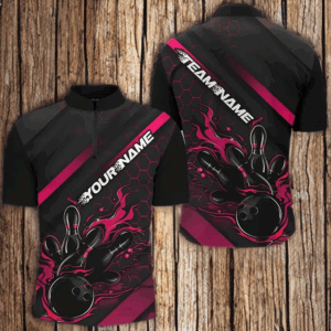 Custom Black And Pink Flame Bowling Shirts For Men, Bowling Team Bowling League Shirts IPHW7211