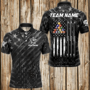 Black US Flag 8 Ball Billiard Shirts For Men Custom Patriotic Billiard Team Shirts, Pool Jerseys TDM4084