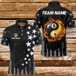 Black US Flag Ying And Yang 8 Ball & 9 Ball Custom Billiard Shirts For Men Funny Billiard Jerseys TDM4083