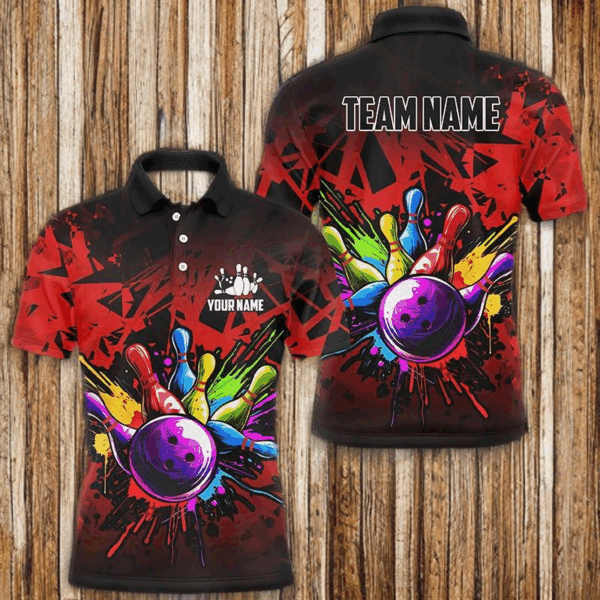 Colorful bowling jerseys Polo, 1/4 Zip Shirt for Men Custom Bowling Team shirts for bowler | Red NQS8257