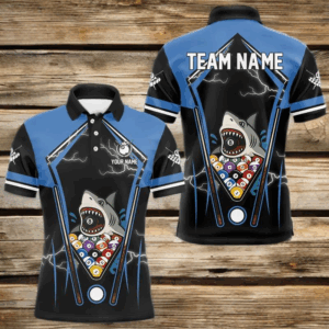 Black Blue Funny Pool And Shark Billiard Shirts For Men Custom 8 Ball Billiard Team Jerseys TDM4081