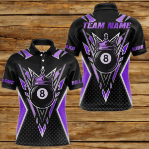 Customized 8 Ball Pool Crown Men Billiard Shirt, Black And Purple Billiard Team Shirt, Pool Jersey TDM4080