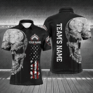 Men's Skull Polo Bowling Shirt, Patriotic Custom Name Men Bowlers Jersey American Flag NBP93
