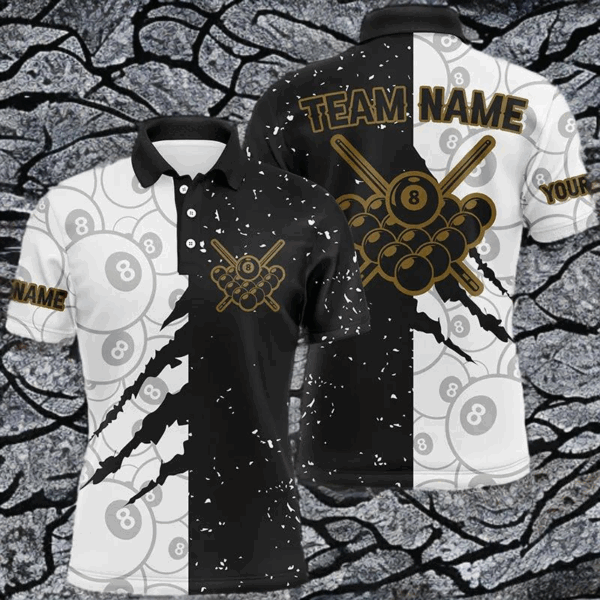 Custom Grunge Black White 8 Ball Pool Billiard Men Polo Shirts, 8 Ball Billiard Apparel Clothing TDM0730