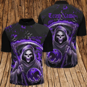 Purple And Black Custom Grim Reaper Bowling Zip Shirts For Men, Halloween Skull Bowling Shirt IPHW6783