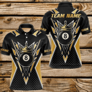 Customized 8 Ball Pool Crown Men Billiard Shirts, Gold And Black Billiard Team Shirts, Pool Jersey TDM4078