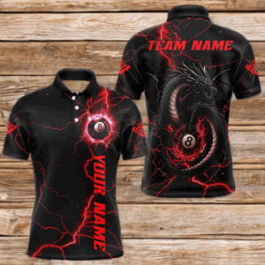 Black And Red 8 Ball Pool Lightning Custom Dragon Men's Billiard Shirts, Billiard Team Jerseys TDM4073