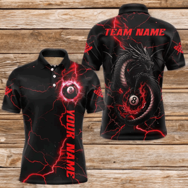 Black And Red 8 Ball Pool Lightning Custom Dragon Men's Billiard Shirts, Billiard Team Jerseys TDM4073