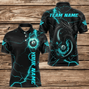 Black And Turquoise 8 Ball Lightning Custom Dragon Men's Billiard Shirts, Billiard Team Jerseys TDM4072