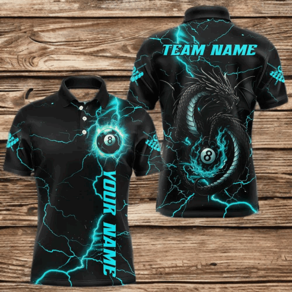 Black And Turquoise 8 Ball Lightning Custom Dragon Men's Billiard Shirts, Billiard Team Jerseys TDM4072