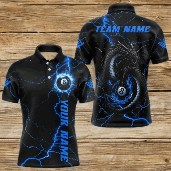 Black And Blue 8 Ball Thunder Lightning Custom Dragon Men's Billiard Shirts, Billiard Team Jerseys TDM4071