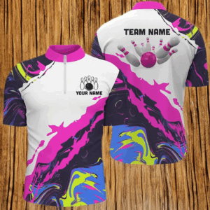 Men bowling Quarter Zip shirts Custom Bowling ball pins Team league Jerseys, gifts for bowlers | Pink NQS7283