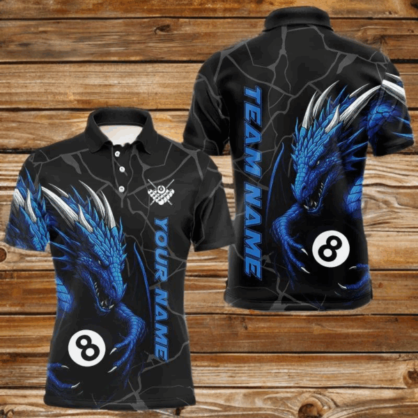 Custom Men's Dragon Billiard Shirt – Black And Blue 8 Ball Pool Team Jersey Polo & Quarter Zip TDM4064