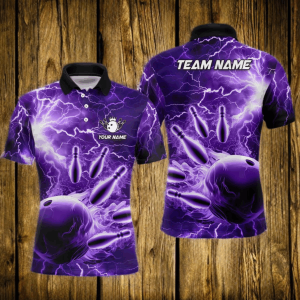 Mens polo bowling shirts Custom purple lightning thunder Bowling Team Jersey, gift for team Bowlers NQS6581
