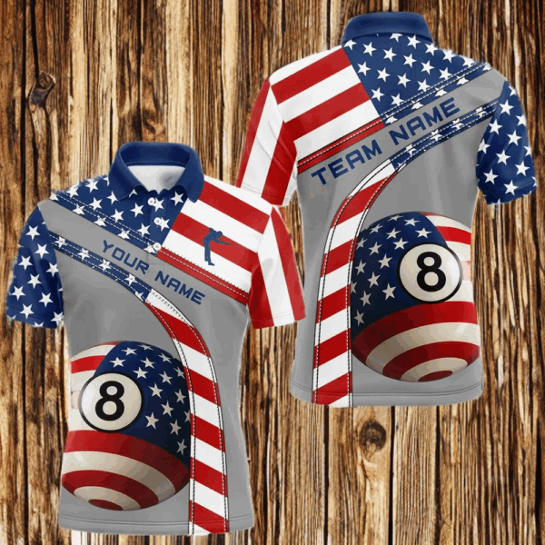 Custom Men's 8 Ball Billiard Shirts, American Flag Polo & 1/4 Zip Patriotic Pool Team Jerseys TDM4055