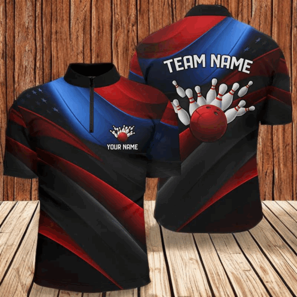 Custom American Flag Men'S Bowling Quarter Zip Shirts, Patriotic Team Bowling League Shirts IPHW5247