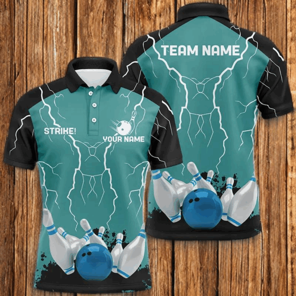 Mens polo bowling shirt Custom bowling strike lightning storm thunder team league jersey | Turquoise NQS6342