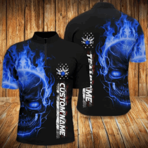 Flame Skull American Flag Custom Team Bowling Shirts For Men, Patriotic Bowling Shirt IPHW5145