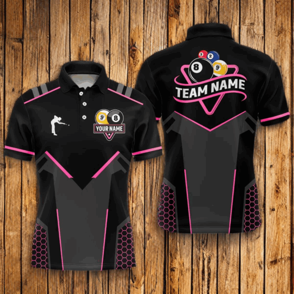 Personalized 8 Ball & 9 Ball Pool Billiard Polo, 1/4 Zip For Men Custom Team Billiard Jersey|Pink TDM4048