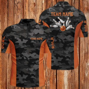 Men bowling Quarter Zip shirts Custom gray camo Bowling Team Jersey, Bowling Team League Shirt| Orange NQS6149